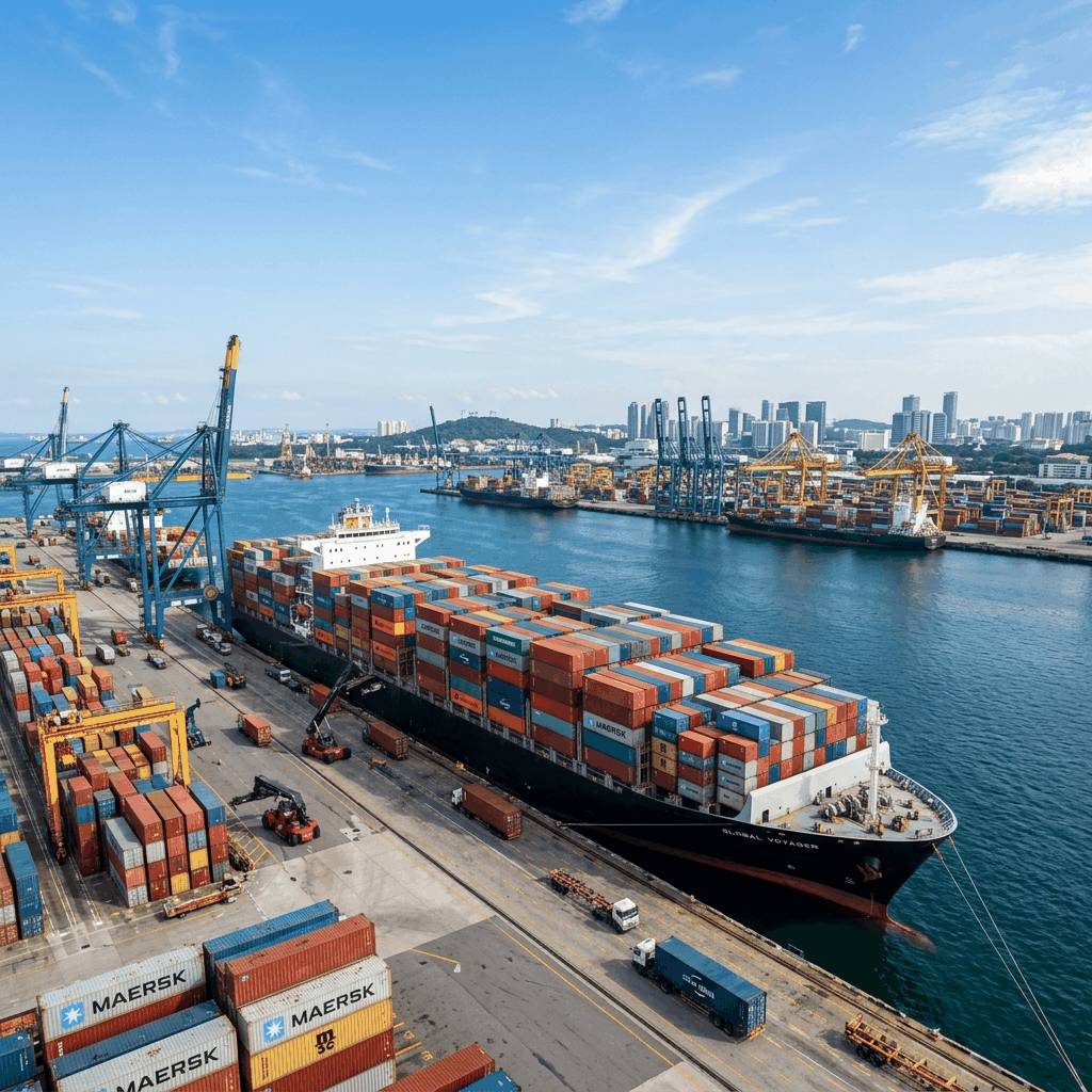 International cargo port with shipping containers